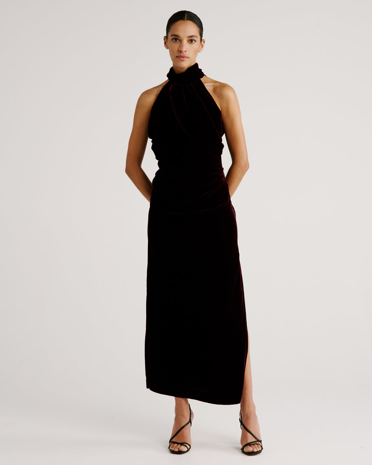 Merisi Dress in silk velvet with a statement halterneck