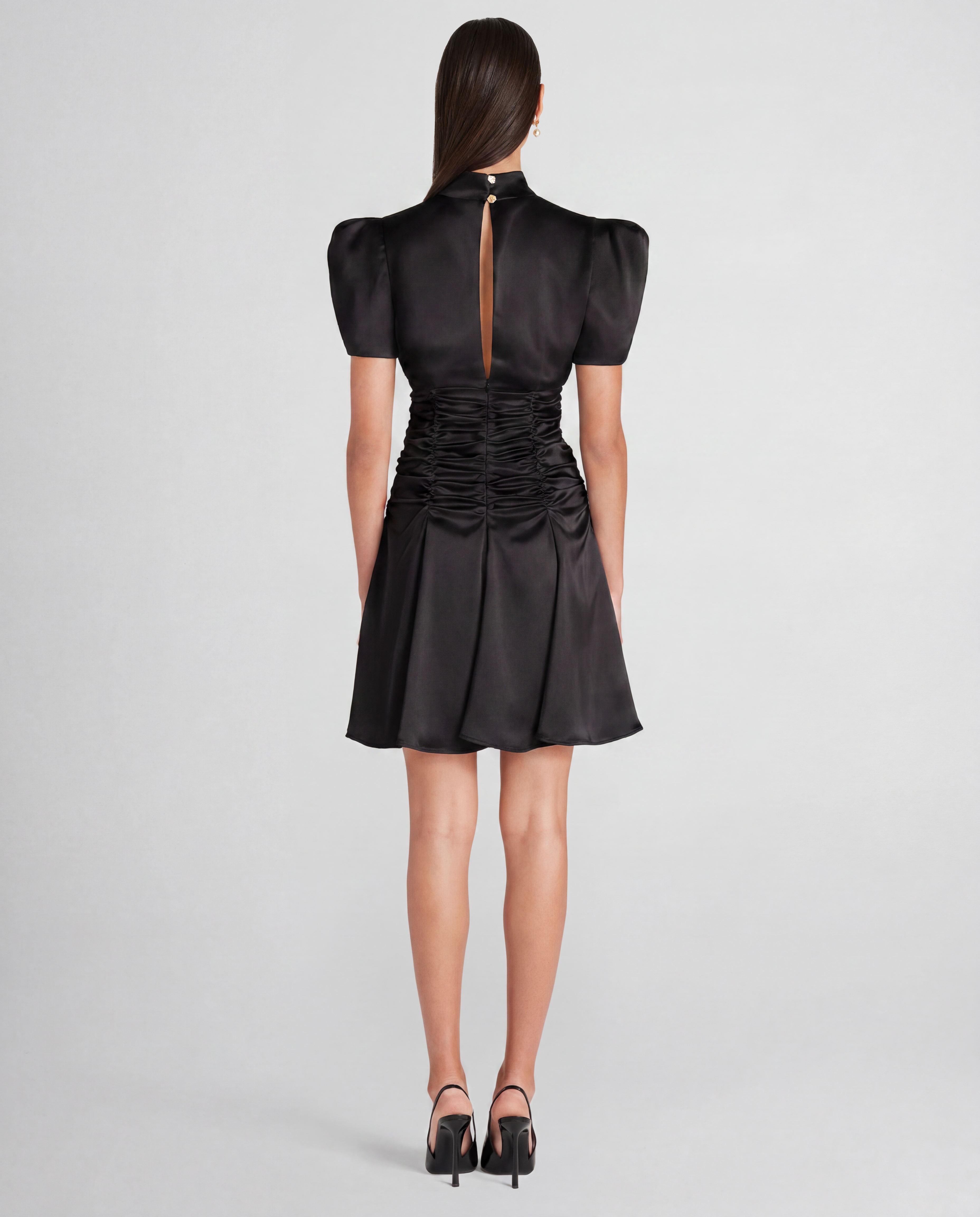 Balthus dress in cady satin with sculptural short sleeves
