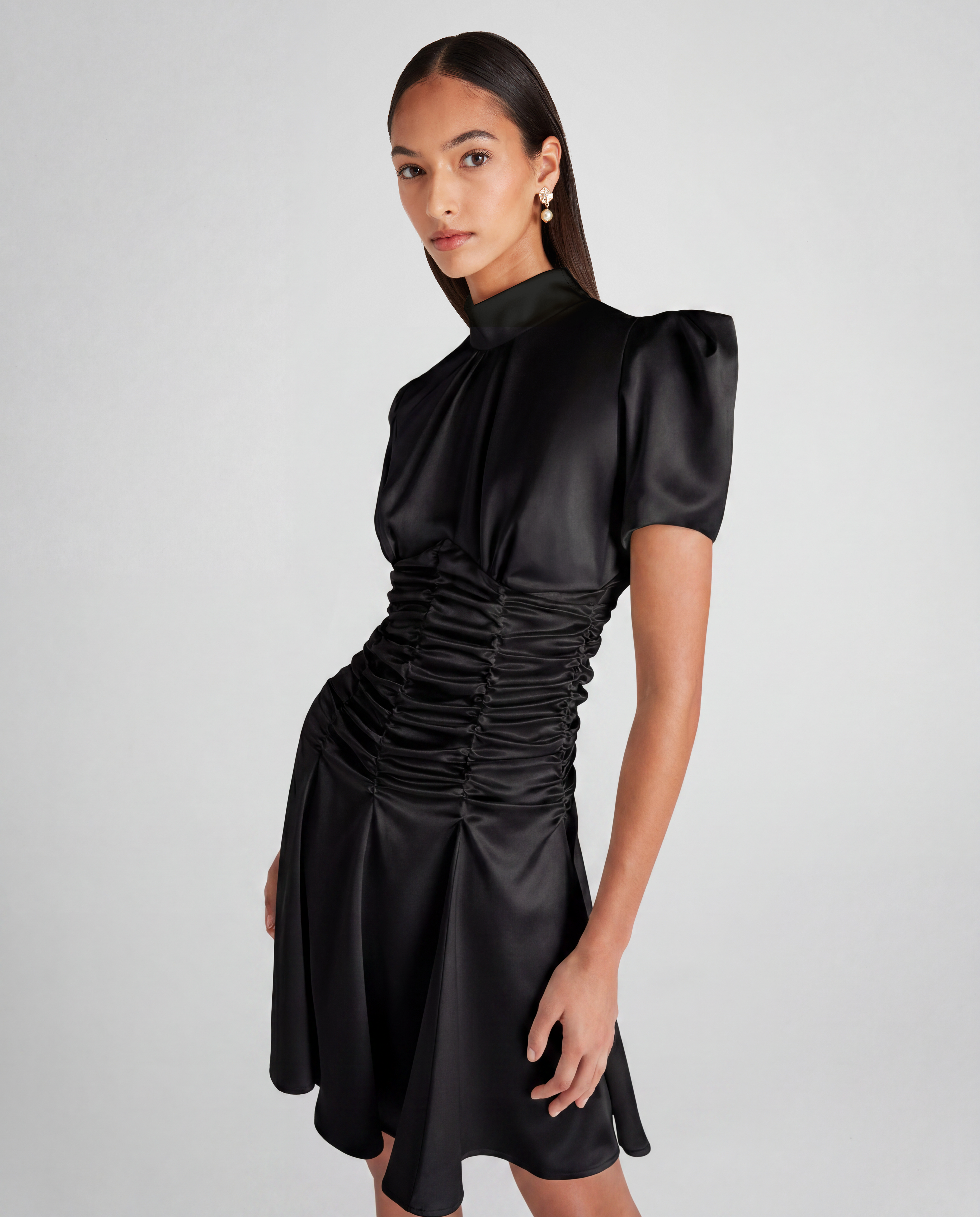 Balthus dress in cady satin with sculptural short sleeves