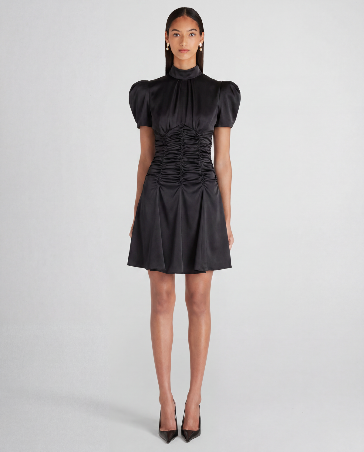 Balthus dress in cady satin with sculptural short sleeves