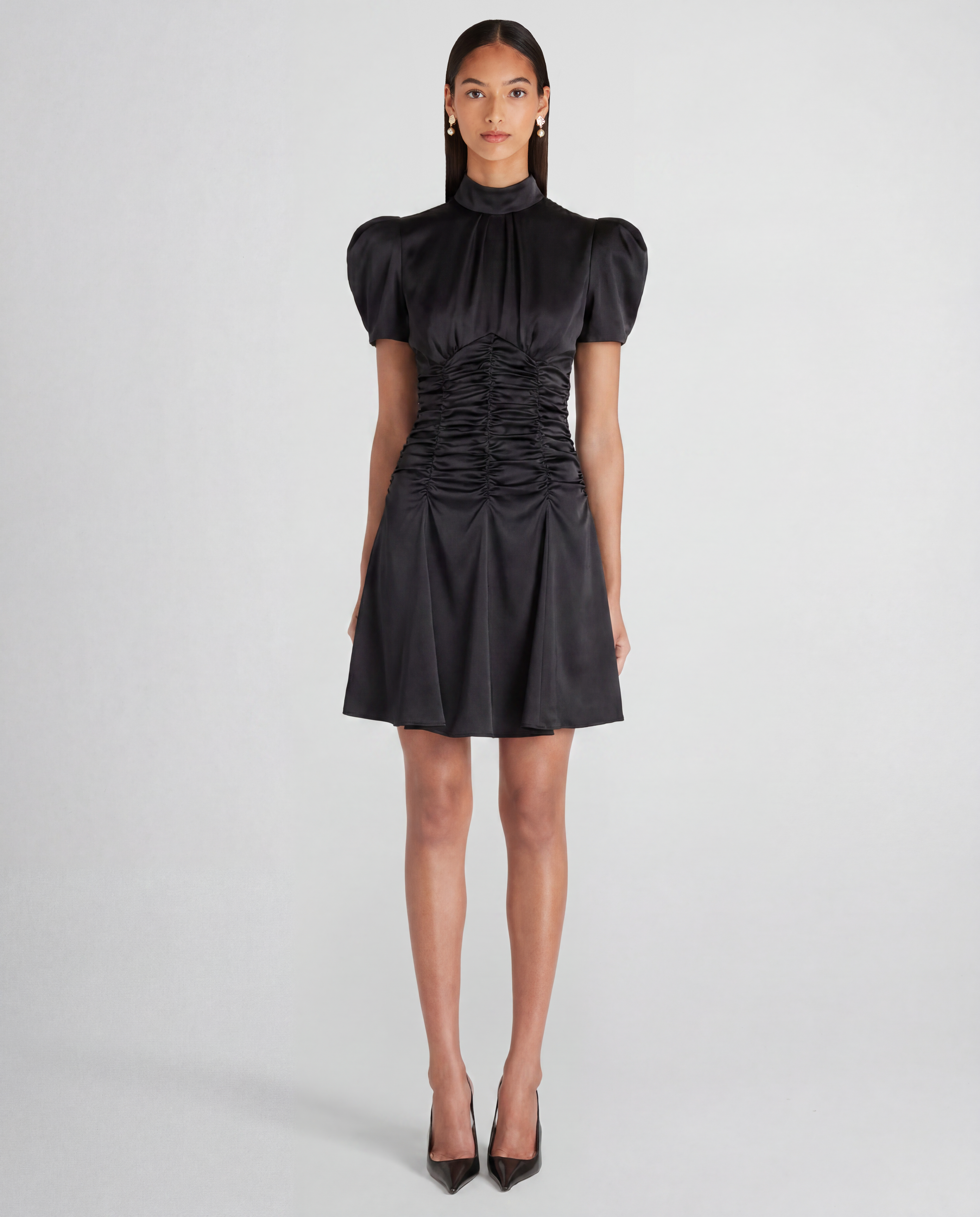 Balthus dress in cady satin with sculptural short sleeves